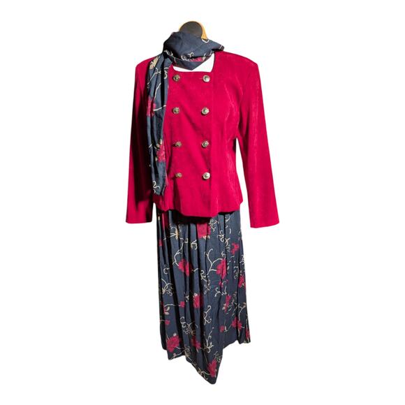 Vtg 1990s Positive Attitude Red Chenille Blazer Rose Floral Maxi Skirt Set Sz 12 - Picture 2 of 6